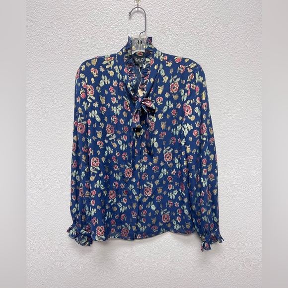 SALONI NWT Emile Floral Metallic Silk Blend Chiffon Ruffle Bow Collar Size 2 - Picture 3 of 17
